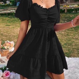 Black Puff Sleeve Ruffled Mini Dress